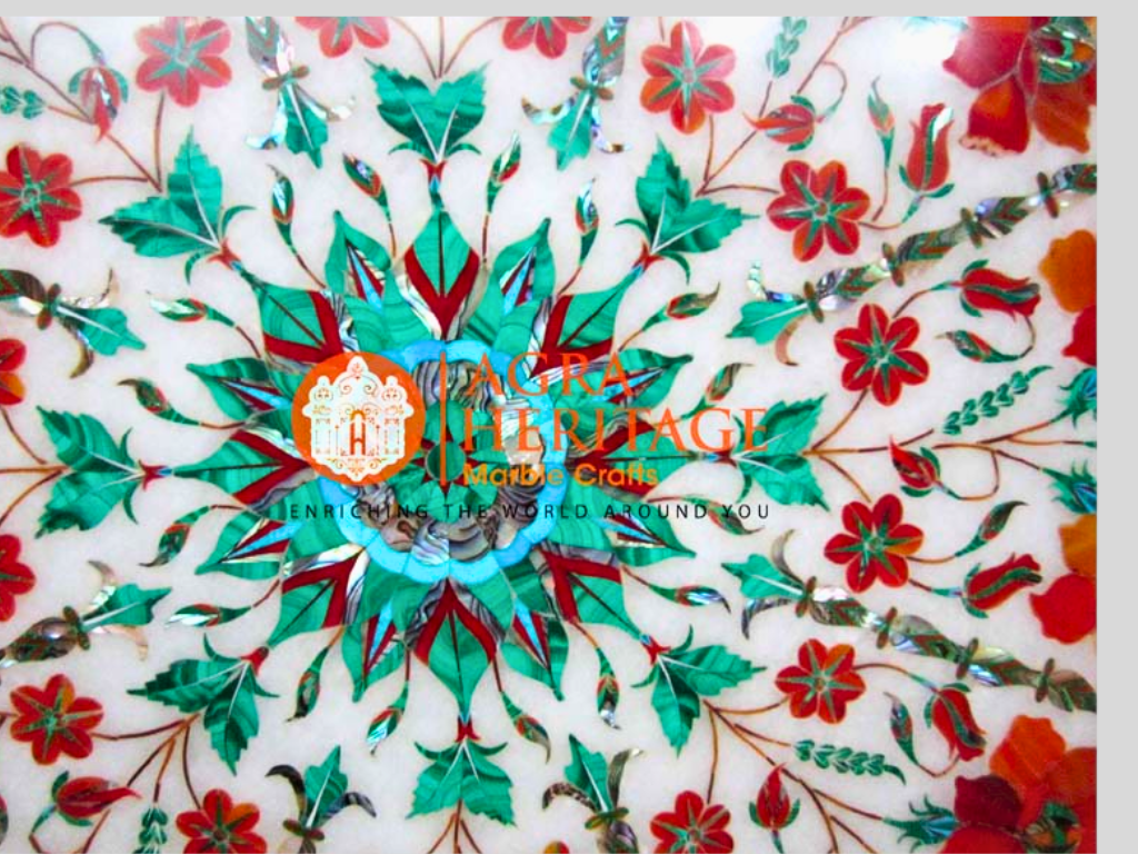 White Marble Carnelian Marquetry Floral Interior Coffee Table